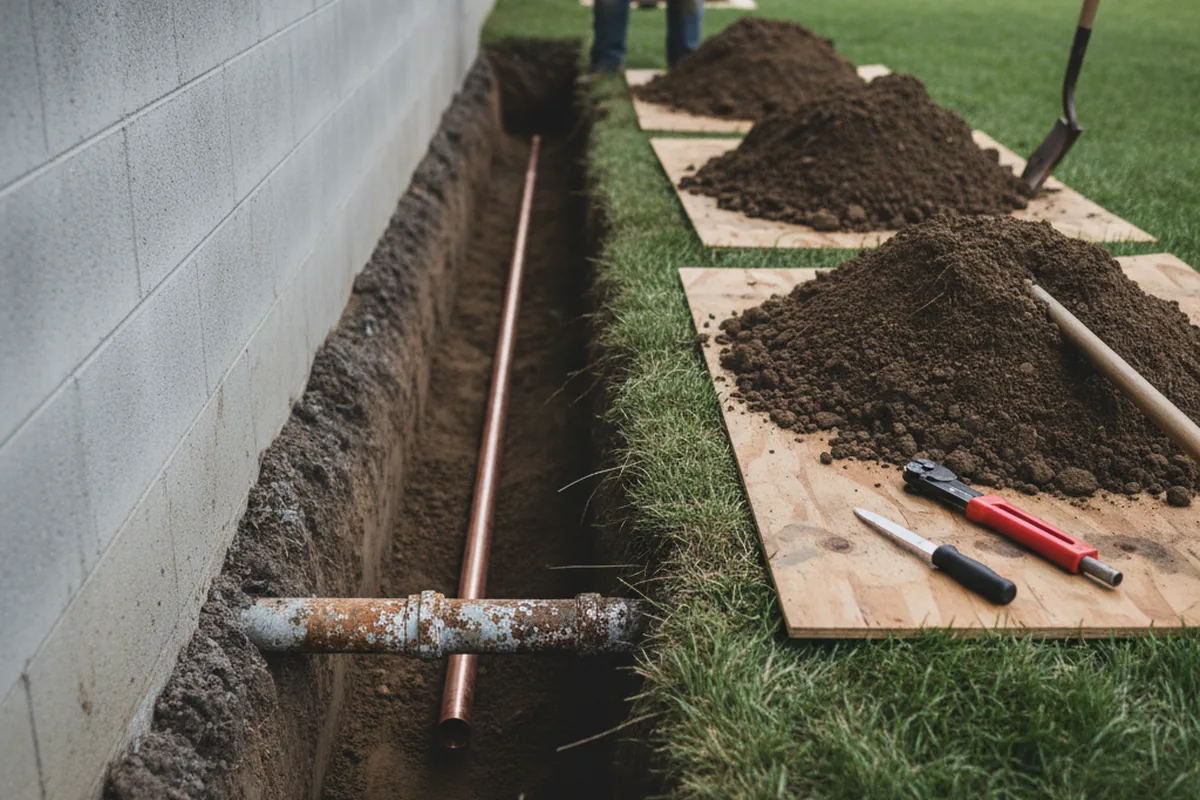 Excavated water line trench during Sewer Line Repair in Bristol